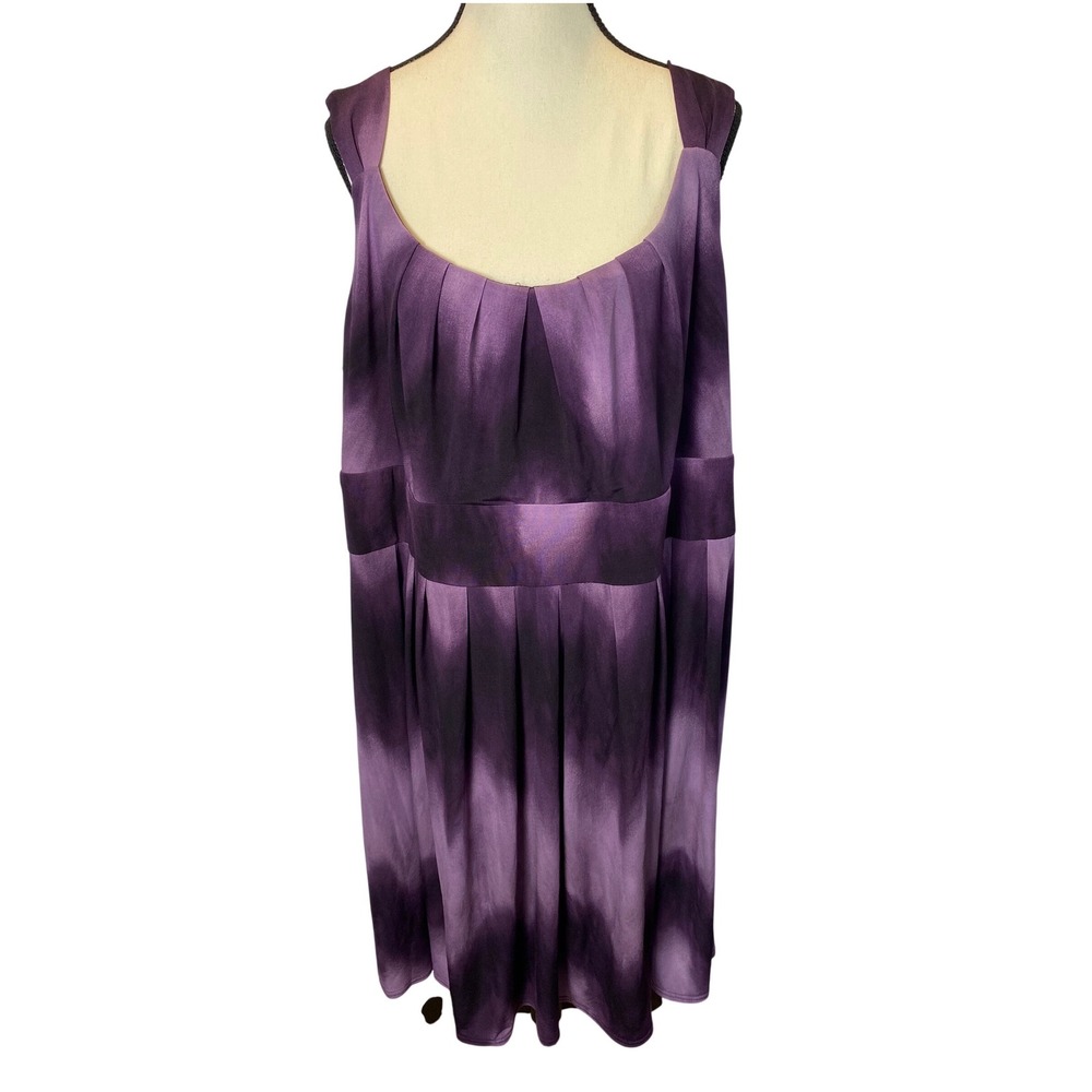 Dressbarn Fit & Flare Dress Women 22 Purple Ombre Watercolor Pleated Scoop Neck